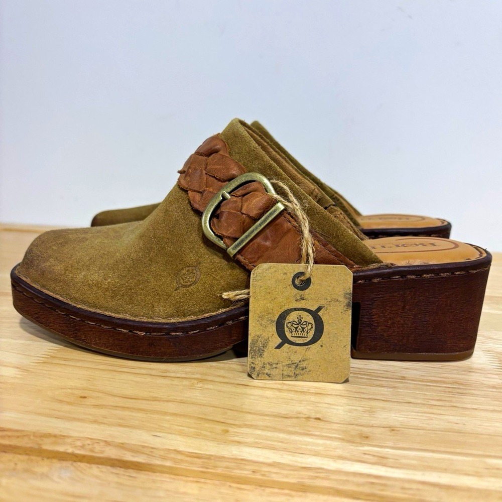 Born Womens 8M Suede Leather Clogs Mules Braided Buckle Chunky Heel Boho